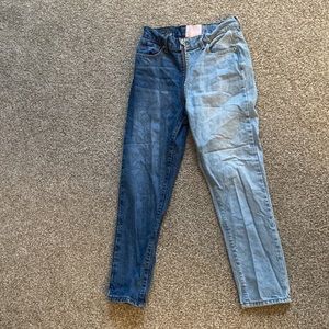 Two tone cropped straight jeans with front to back zipper